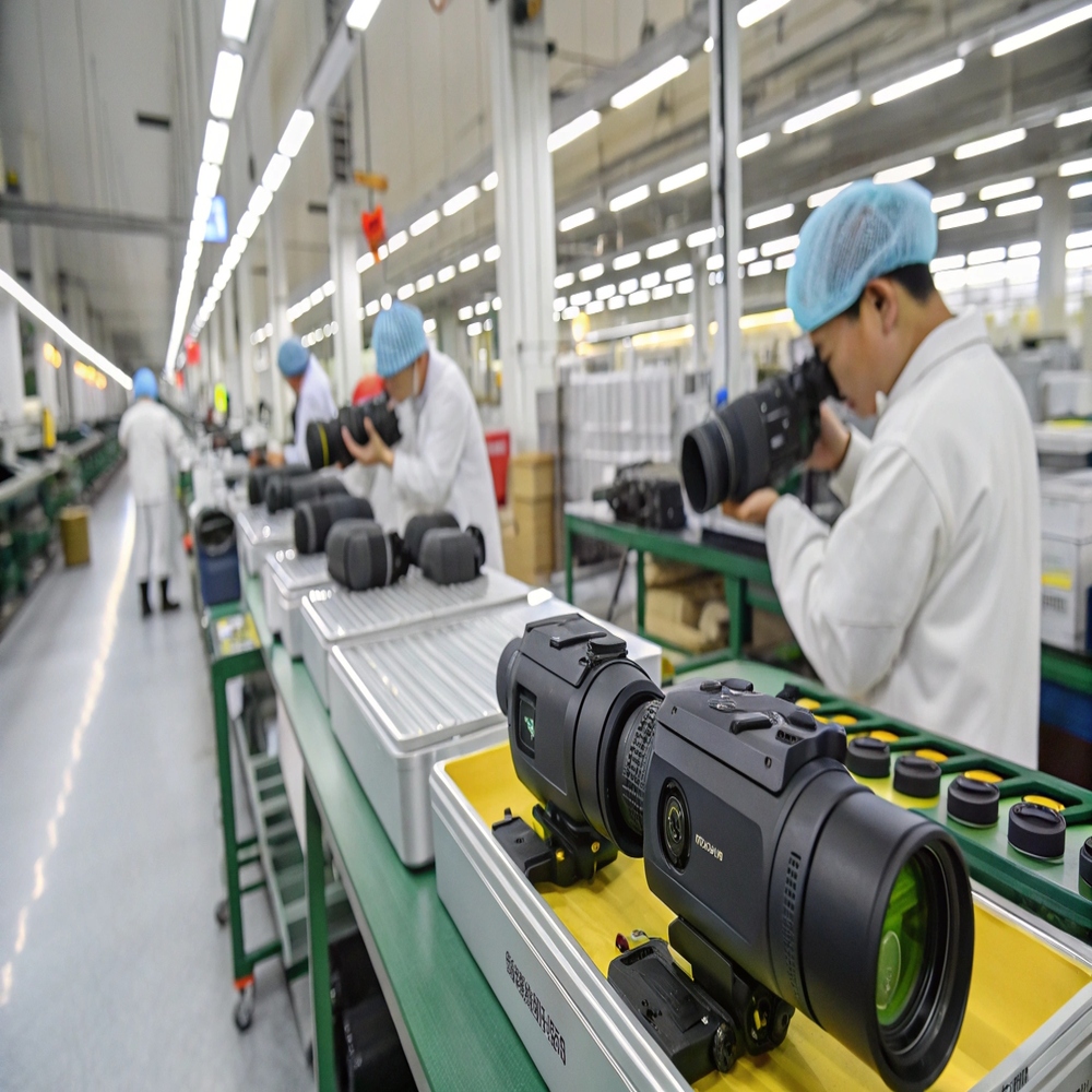 Factory workers assemble and test thermal imaging equipment