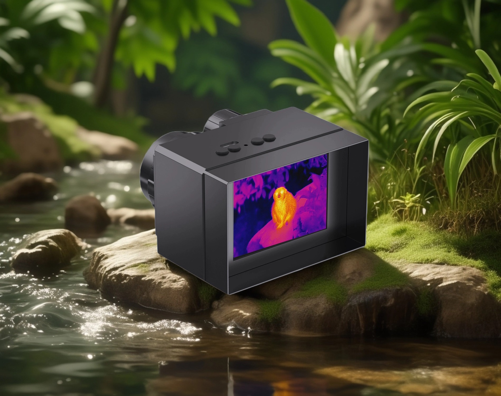 Ultra-modern hybrid thermal and night vision scope with dual-sensor fusion technology, showcasing seamless switching between thermal imaging and night vision modes